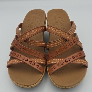 Skechers Luxe Foam Sandals Beverlee Tiger Boho Wedge Cork Brown Sz 7